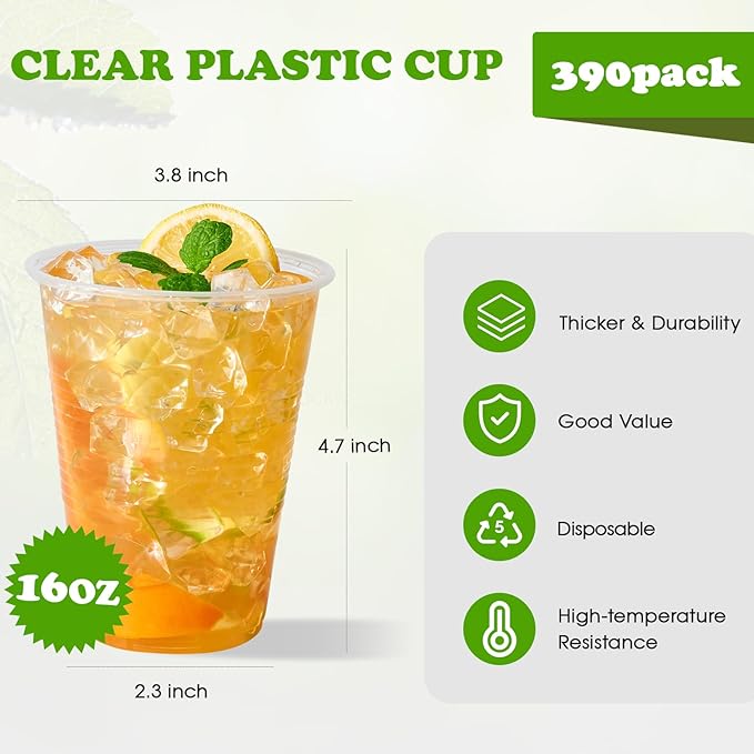 Lilymicky 390 Pack 16 oz Clear Plastic Cups, Cold Disposable Plastic Drinking Cups for Parties, Picnic, BBQ, Travel, and Events