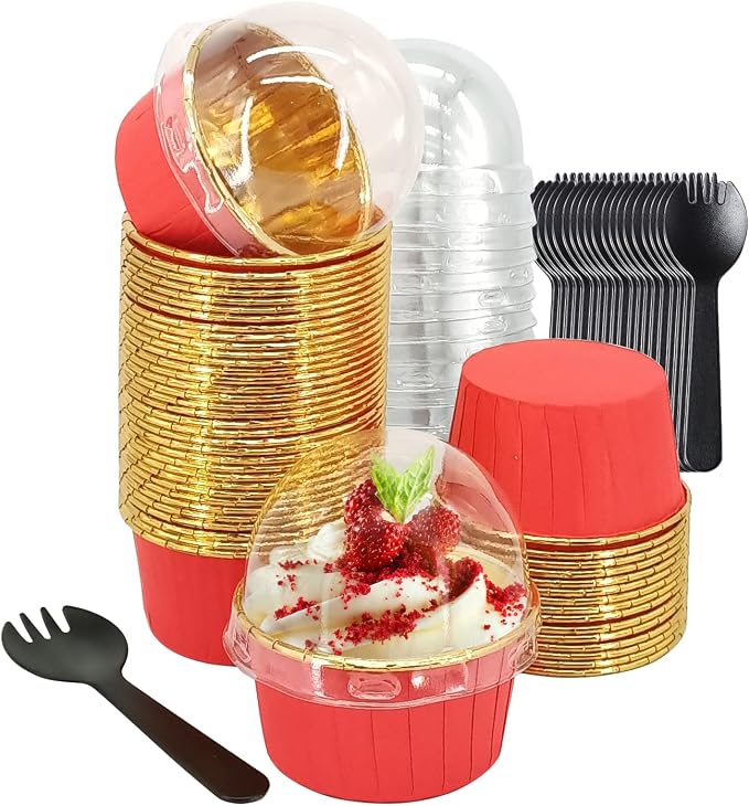 Large Cupcake Liners Baking Cups 50 Pack,LNYZQUS 5oz Foil Muffin Cups Muffin Tins,Disposable Ramekins Tins with Lids and Spoons,Cupcake Wrappers Holders for Wedding Bakery-Red in gold by LNYZQUS