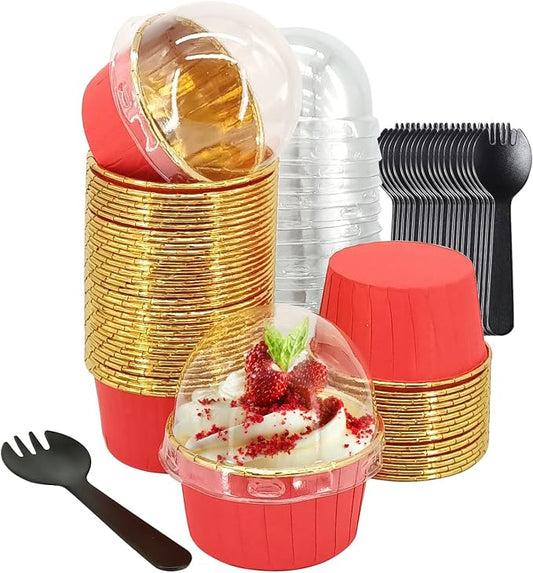 Large Cupcake Liners Baking Cups 50 Pack,LNYZQUS 5oz Foil Muffin Cups Muffin Tins,Disposable Ramekins Tins with Lids and Spoons,Cupcake Wrappers Holders for Wedding Bakery-Red in gold by LNYZQUS