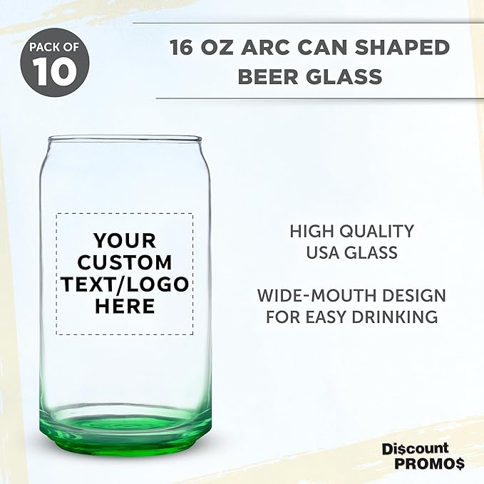 Custom Beer Can Glasses Set of 10, 16 oz. Pint Sized, Promotional Text, Logo, Soda Can Shape, Glassware, Green