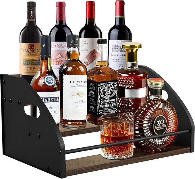 3-Tier Liquor Bottle Display Shelf, Exquisite Metal Design, Extra Large Bar Organizer for The Home Bar, Countertop Wine Rack with Smooth Handles, Retro Bar Shelf Stand for Whiskey, Spirits
