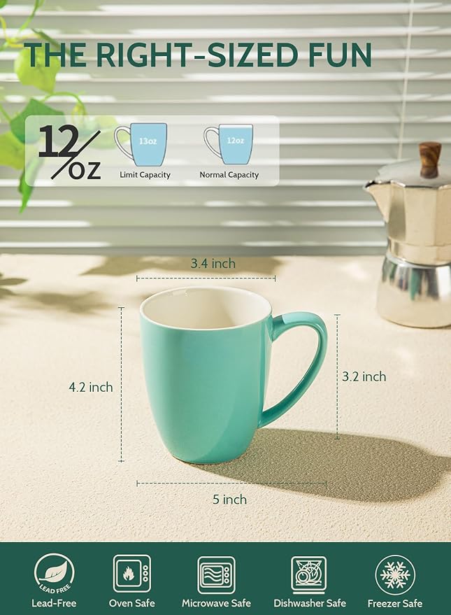 Sweese Porcelain Coffee Mugs - 12 Ounce - Set of 6, Cups for Latte, Hot Tea, Cappuccino, Mocha, Cocoa, Multicolor, Blue Assorted Colors - Image 6