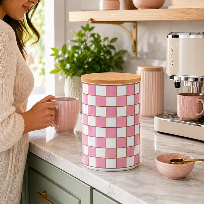 Kitchen Countertop Ceramic Checkered Canisters,Black And White Food Storage Containers With Lid,Airtight Kitchen Canisters for Flour, Sugar, Coffee, Tea, and Dry Goods (Pink, XL) - Image 6