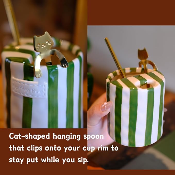 10oz Ceramic Coffee Mug Espresso Cup Hand-Painted Striped Art with Heat-Insulating Sleeve, Cork Coaster, Cat Spoon, Stainless Steel Straw, Birthday Gift for Women Men Him Her - Gift Box - Image 4