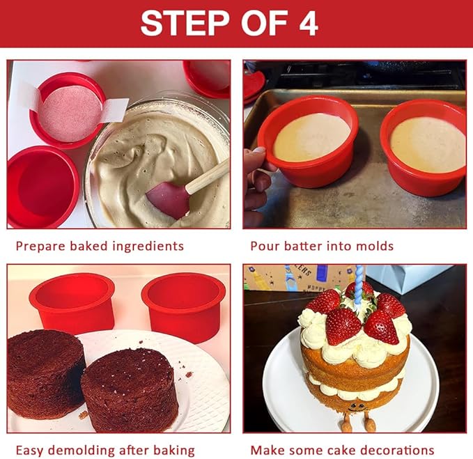 Alimat PluS 4 Inch Round Cake Pan Silicone, 5 Pack Mini Cake Pans with 100 Pieces Parchment Paper, Silicone Cake Molds for Multilayer Cakes, Puddings