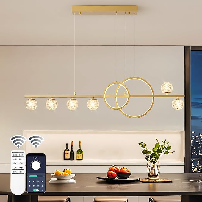 ORANOOR Modern Gold Chandeliers Pendant Light, 47in Dimmable LED Chandelier | Linear Gold Pendant Light for Kitchen Island Dining Room, 6 Globe Hanging Pendant Chandelier Lighting Fixture, 2 Rings 4200lm by ORANOOR