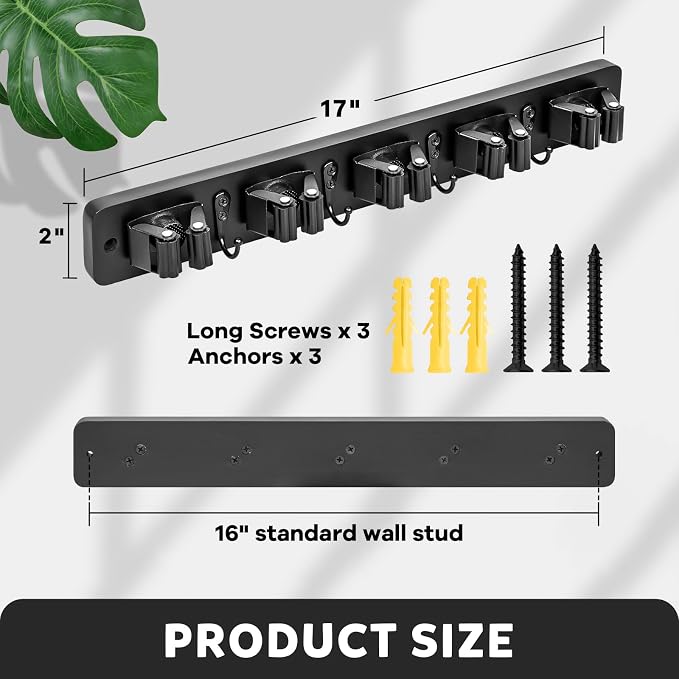 IMILLET Broom Holder Wall Mount, Rustic Broom Hanger for Laundry Room | Wood Broom and Mop Organization and Storage, Mop Holder for Home Decor, Garden, Garage, Closet, 5 Racks and 4 Hooks, Black - Image 5