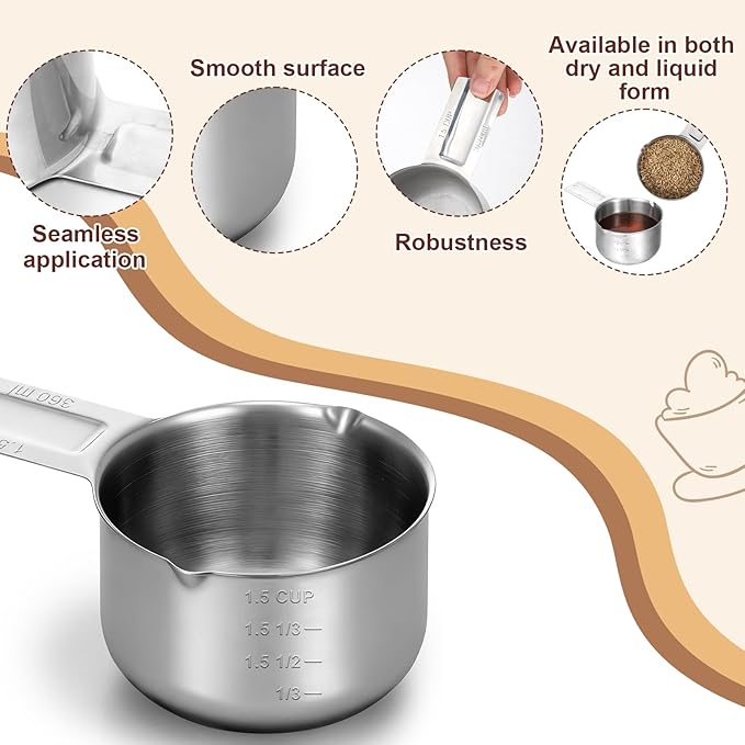 1Pcs 1-1/2Cup (360ml, 12oz) Single Measuring Cup Rice Measuring Cups Stainless Steel Measure Scoop Metal Measure Scoop Metric and US Measurement for Cooking Baking and Coffee Dishwasher Safe