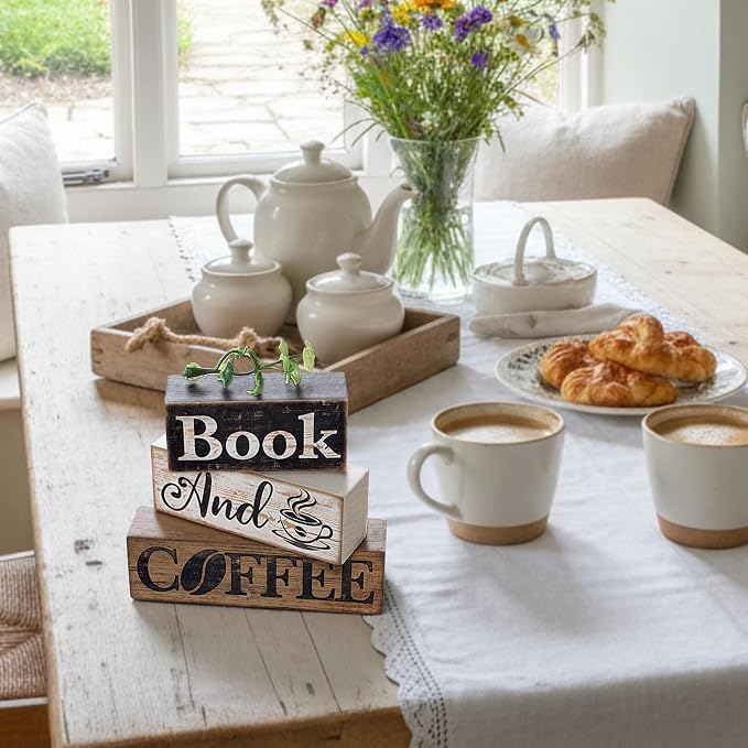 Moucuny 4 Pcs Farmhouse Table Decor Rustic Wooden "book and Coffee" Stacked Block Sign - Vintage Farmhouse Tiered Tray Decor with Coffee Cup & Bean Design, Perfect for Home Office Bookshelf Display - Image 7