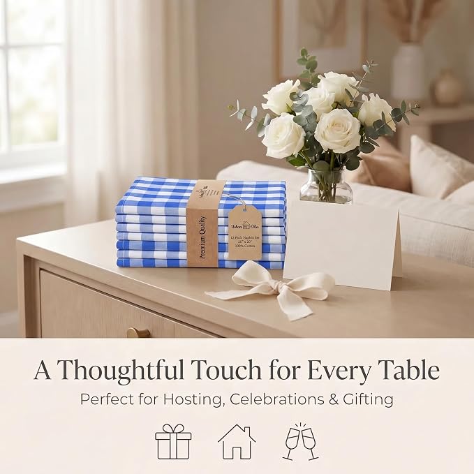 Urban Villa Cloth Napkins Cotton 20x20 (Set of 12) Blue Cheks - Image 9