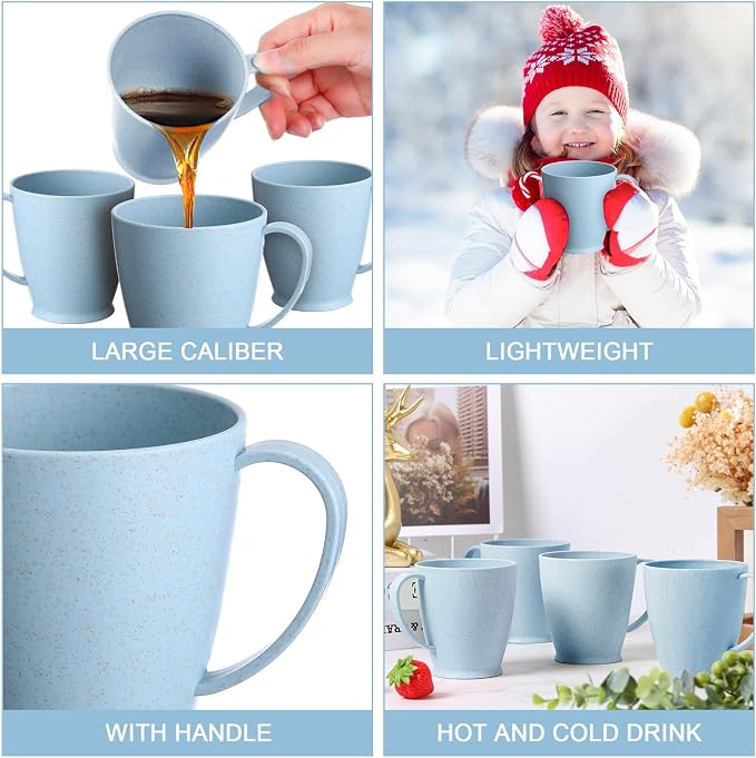 Zopeal 16 Pack Wheat Straw Plastic Coffee Cups Mugs 10 Oz Reusable Plastic Cup Mug with Handle Lightweight Microwavable Dishwasher Safe Unbreakable for Tea Milk Water Juice Coffee (Nordic Blue) - Image 4
