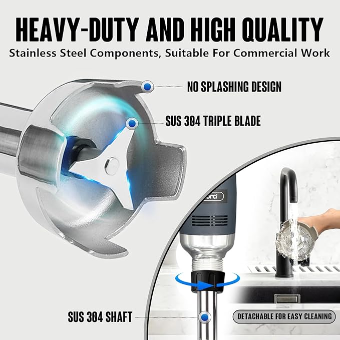 VONCI 750W Commercial Immersion Blender, Electric Hand Blender with 16" Detachable Shaft, Variable Speed 8000-19000RPM,Industrial Immersion Blender for Restaurant Kitchen.Extra Heavy Duty Hand Mixer.