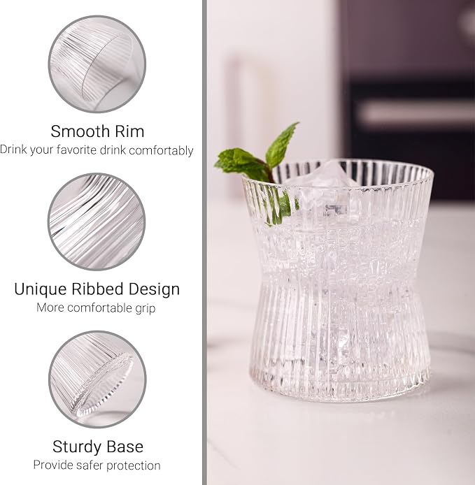 JOVGANK Drinking Glasses Set of 8 – Lead-Free Crystal Glassware, 4 Tall 10oz & 4 Short 8.5oz Vintage Ribbed Tumbler Glasses, Dishwasher Safe, for Juice Beer Cocktails, Great Housewarming Gift, Set B - Image 3
