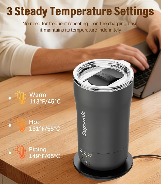 Supsonic - 14oz Heated Coffee Mug, Self-Heating Travel Mug with 3-Temp Settings, Insulated Stainless Steel Constant Temperature Heating Mug for Beverage, Smart Heating Portable Coffee Mug | S1 - Image 2