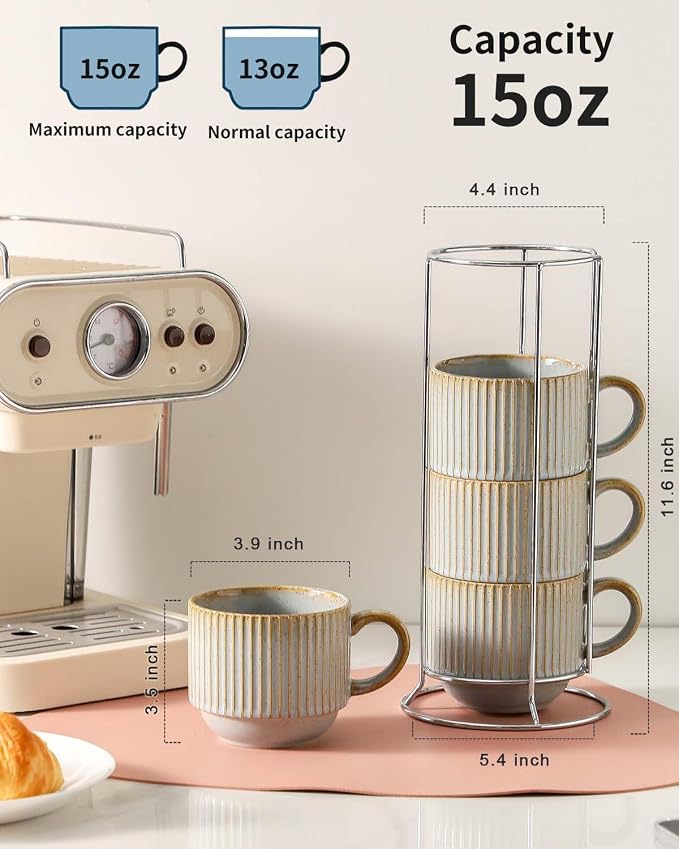HASENSE Coffee Mug Ceramic Set of 4 with Stand - 15 oz Rustic Farmhouse Stackable Ribbed Latte Cup Set for Cappuccino, Tea, Hot Cocoa, Drinks - Dishwasher & Microwave Safe, Lavender Gray - Image 2