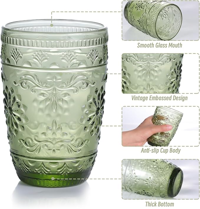 abrwyy Green Drinking Glasses, Vintage Glassware, 14oz Green Glass Cups | Lead-Free Glass, Thick&Durable Glass, Home Decoration, Drinking Glasses Set of 6 - Image 6