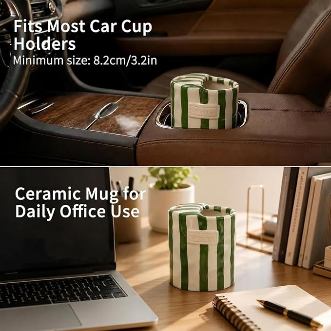 Ceramic Coffee Mug with Lid, Ceramic Travel Mug with Straw Hole, 12oz Retro Striped To Go Coffee Mug for Hot & Cold Drinks, Microwave & Dishwasher Safe，Green - Image 4