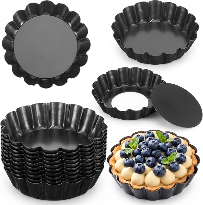 18 Packs Mini Tart Pans 3 Inch, Carbon Steel Egg Tart Molds with Removable Bottom & Nonstick Coating – Round Fluted Quiche Pans for Pie, Cheesecake, Muffins, Desserts (Black) by Unknown