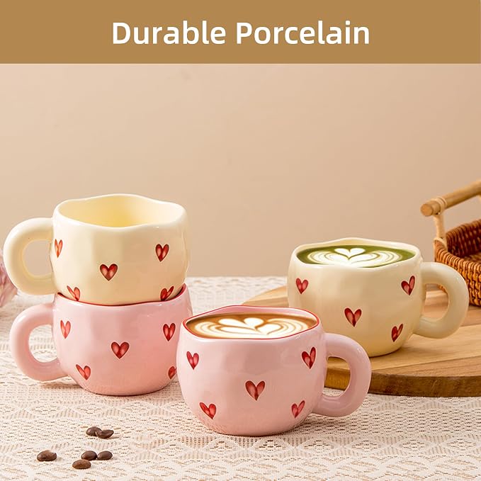 4pcs Ceramic Heart Mugs, 9.4OZ Cute Love Coffee Cup Set, Pink & Yellow, Dishwasher Safe Espresso/Latte Mugs Set, Gift for Women/Mom/Girl Friend(Love) - Image 2