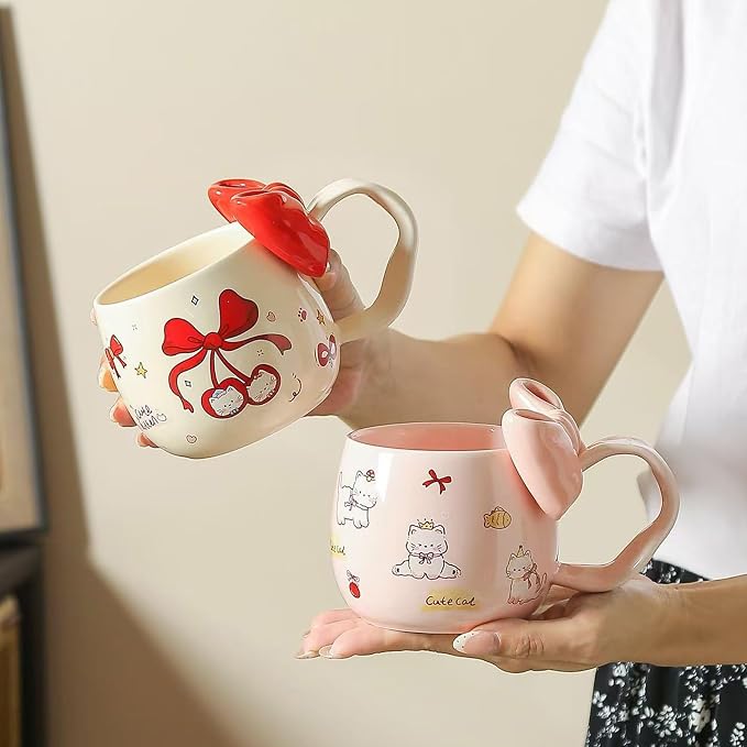 DTIUYIOP-Cute Pink Cat Ceramic Coffee Mug with 3D Bow & Bow Spoon, Kawaii Kitty Animal Tea Cup, Large Curved Handle Milk Cup, Lovely Gift for Girls Women Birthday Christmas - Image 4