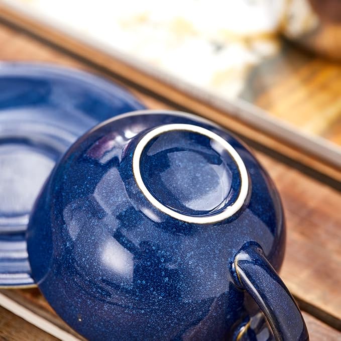 Coffeezone Vintage Design 12 oz Ceramic Latte Art Cappuccino Barista Cup with Saucer (Dark Blue) - Image 5