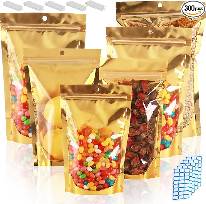 300 Pcs 1 Gallon Mylar Bags for Food Storage 10x14 Mylar Bag with Window Large Holographic Resealable Bags Smell Proof Bag Food Packaging for Small Business Freeze Dried Candy Stand Up Pouches by Circloophs