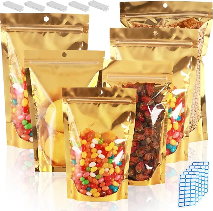 400 Pcs Mylar Bags for Food Storage 4x6 Mylar Bag with Window Stand Up Small Resealable Bags Smell Proof Bag Food Packaging for Small Business Freeze Dried Candy Jewelry Foil Packaging Gold by Circloophs
