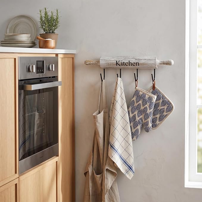 MyGift White Washed Wood Kitchen Utensil Rack with 4 Hooks, Wall Mounted | Rustic white wood and a rolling pin design add charm to this wall rack with four hooks for aprons, towels, mugs, and utensils - Image 3