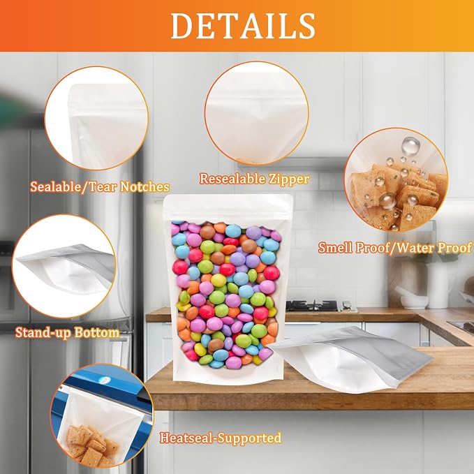 100 PCS Resealable Packaging Bags for Small Business，Kraft Bags With Window Clear Fornt Heat Seal Sealable 4.7"X7.9"Paper Zipper Stand Up Pouches Nut Bag Coffee Cookie Herb Food Bakery Storage - Image 4
