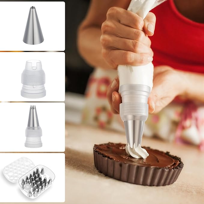 Piping Tip Organizers Box 27 Grids Storage Container Box with 25 Pcs Seamless Piping Tips 2 Adapters Baking Organizer Compartment for Stainless Steel Nozzles Tip Cake Decorating Tools Jewelry Beads