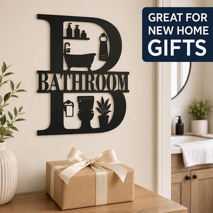 Bathroom Metal Wall Decor, Farmhouse Restroom Sign, 14 Inch | 14-inch matte black metal bathroom sign with pre-drilled holes for farmhouse, modern, or rustic restroom wall decor. - Image 3