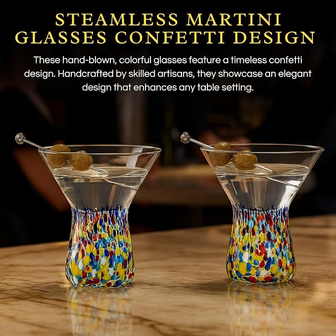 Large Stemless Martini Glasses – Set of 2-8oz Luxury Hand Blown Confetti Margarita, Martinis, Cocktails, Water, Wine, Dessert & Champagne Glasses Cinco de Mayo, Hand Blown - Mexican Confetti Glass - Image 3