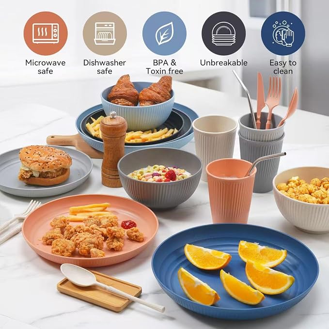 Wheat Straw Dinnerware Sets,64-Piece Plates and Bowls Sets for 8-Unbreakable,Reusable Plastic Dish Set-Dinner Plate/Dessert Plate/Cereal Bowl/Cup/Utensils-Dishwasher Safe 64P-JadePeak Lake Sunset - Image 6