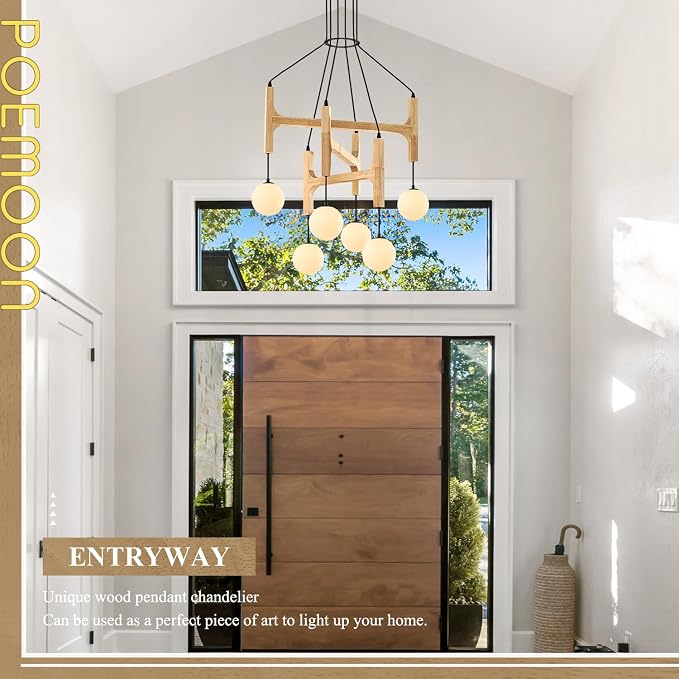 Wooden Chandeliers L28 '' Natural Farmhouse 6-Light Milk Glass Pendant Light Rustic Mid Century Long Hanging Lighting for Living Dining Room Entryway Foyer Bedroom Kitchen,G9 - Image 6