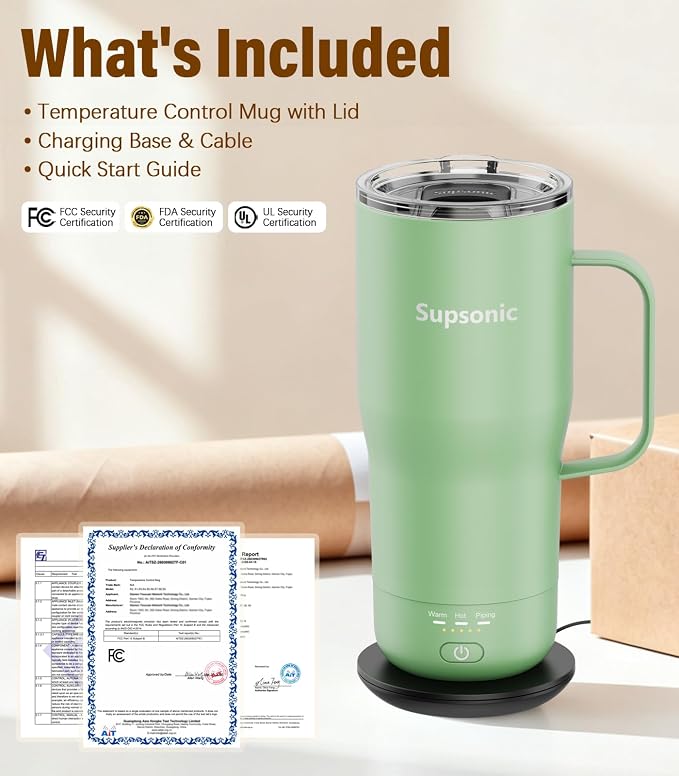 Supsonic Heated Coffee Mug Rechargeable, 20oz Long-Lasting Battery (S3) | Dry-burn protection, 2Hr auto-off, 3-Temp settings, Constant temperature, Inner stainless steel, Warm gift for men women - Image 8