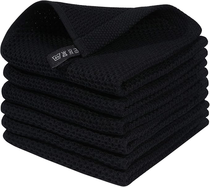 Homaxy 100% Cotton Waffle Weave Kitchen Dish Cloths 6-Pack, Black | 12 x 12 Inches, Ultra Soft Absorbent Dish Towels, Quick Drying Dish Rags with Hanging Loop by Homaxy