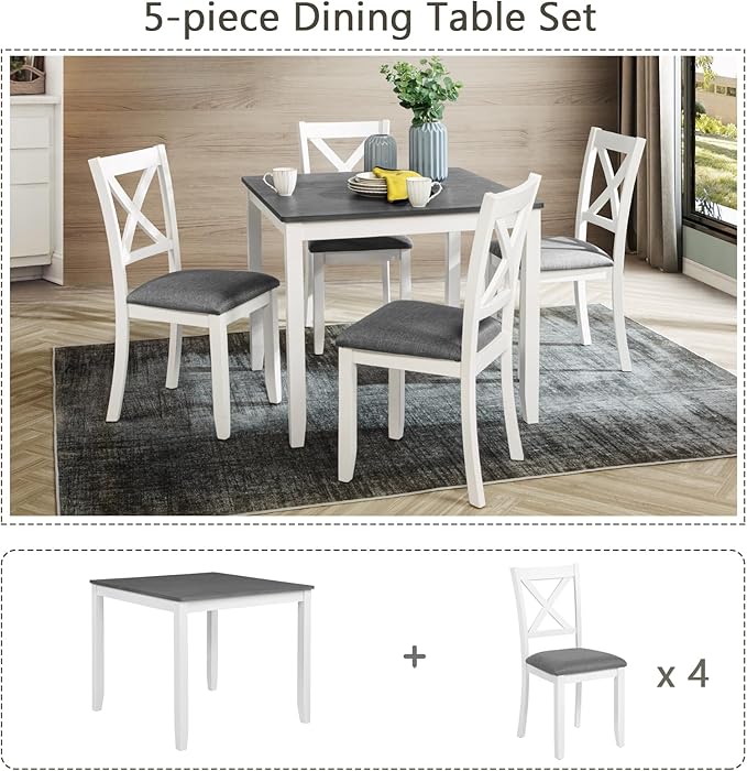5-Piece Dining Table Set for 4, Kitchen Dining Table with 4 Soft Cushioned Solid Wood Chairs, Ideal for Home or Restaurant Use.(Gray & White_Small) - Image 6