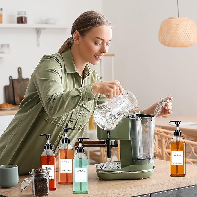 Nuogo 6 Pcs Coffee Syrup Dispenser Set 300ml, 500ml, 750ml Black Syrup Bottles with Pump Dispenser 27 Labels Kitchen Accessories(16.9 oz)