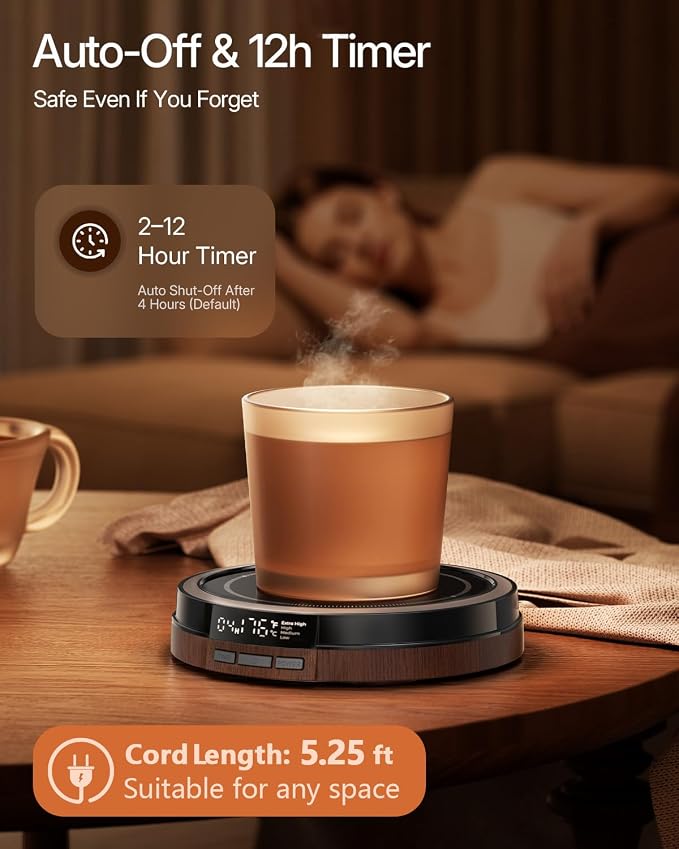 Coffee Mug Warmer for Desk, 50W, Cup Warmer 4 Temps & Timer - Wood | Smart Display; 12H Timer; Auto Shut Off; Fast Heating; Easy-Clean; Candle Warmer Plate; UL Certified Gift for Coffee Lovers - Image 6