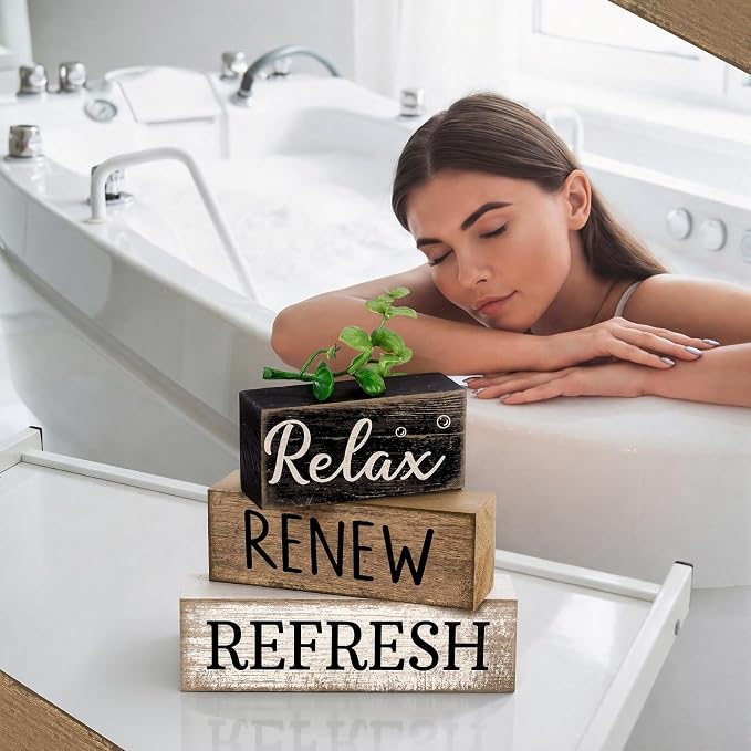 Moucuny 4 Pcs Bathroom Shelf Decor Sign Farmhouse Bathroom Decor and Accessories Rustic Eucalyptus Leaves Block Sign Gift Relax Renew Refresh Farmhouse Table Centerpiece for Home Office Toilet - Image 3
