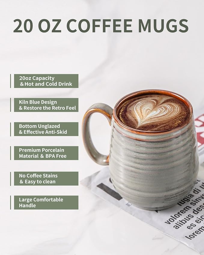 HASENSE Coffee Mug, 20 oz Large Ceramic Latte Cup with Big Handle, Pottery Tea Cup for for Office and Home, Oversized Mug Gift for Dad and Mom, Dishwasher & Microwave Safe, 1 PCS(Grey) - Image 7