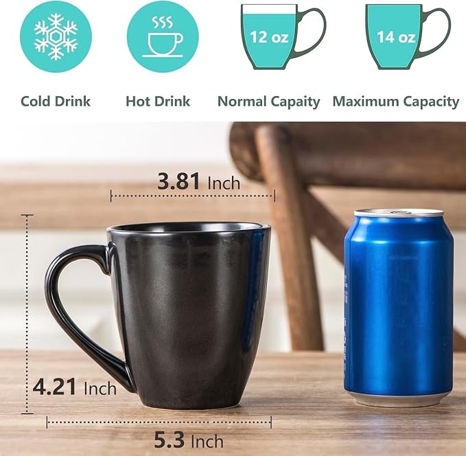 vicrays Coffee Mug Set, 12 Ounce, Ceramic Mug for Men, Women, Unique Glazed Mugs with Handle for Coffee, Tea, Milk, Cocoa, Cereal - Set of 6 Black - Image 4