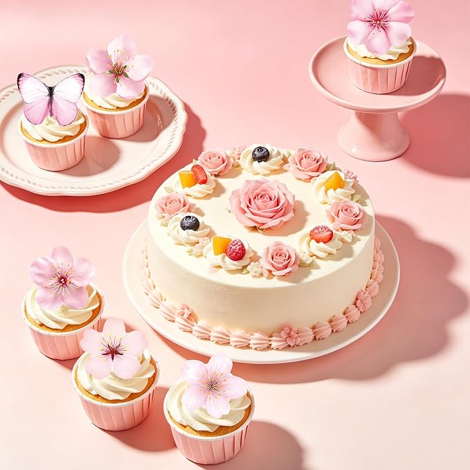 72 PCS Edible Cherry Blossoms Butterfly Cupcake Toppers Wafer Paper Flowers Cake Decorations Ideal for Baby Shower Kids Birthday Party Decorations Edible Flowers Cake Decorations for Celebrations - Image 2