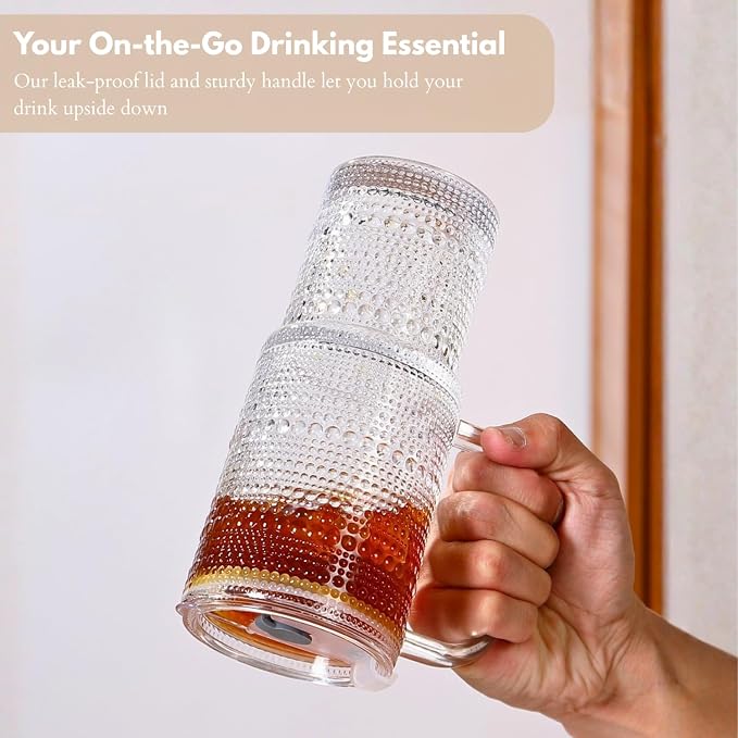 20 oz Glass Tumbler with Lid and Straw, Glass Iced Coffee Cups, Spill-proof Glasses Tumbler with Handle, Glasses Drinking Set of 2, Vintage Glassware for Cocktail, Juice, Smoothies - Image 4
