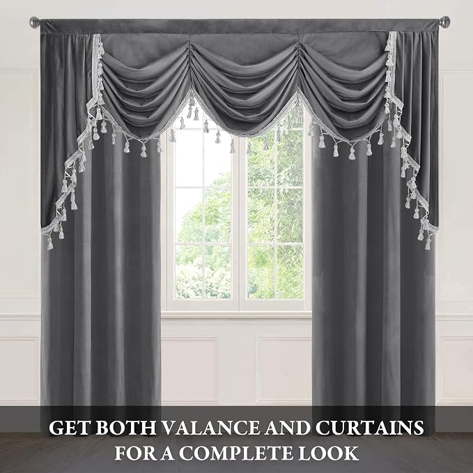 Grey Waterfall Velvet Valances W79 inches, 1 Panel | Super Luxury Waterfall Swag Valance for Kitchen, Living Room, Room Darkening Thermal Insulated Window Drapes for Bedroom - Image 2