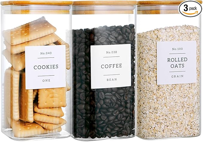CZZGSM 3 Pack Square Glass Kitchen Storage Jars with Airtight Bamboo Lids and 132 Pantry Labels - 54oz Glass Canisters with Wood Lids - Food Storage for Sugar, Rice, Pasta, Cereal by CZZGSM