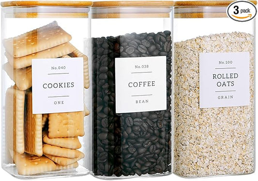 CZZGSM 3 Pack Square Glass Kitchen Storage Jars with Airtight Bamboo Lids and 132 Pantry Labels - 54oz Glass Canisters with Wood Lids - Food Storage for Sugar, Rice, Pasta, Cereal by CZZGSM