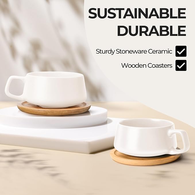 MIAMIO - Cappuccino Cup Set of 4, Ceramic, Wide (9.5oz) - Luxe (White) | Ceramic cappuccino cups and saucers, wide latte cups and mugs for Americano, 4-piece set of ceramic cups, dishwasher safe - Image 5