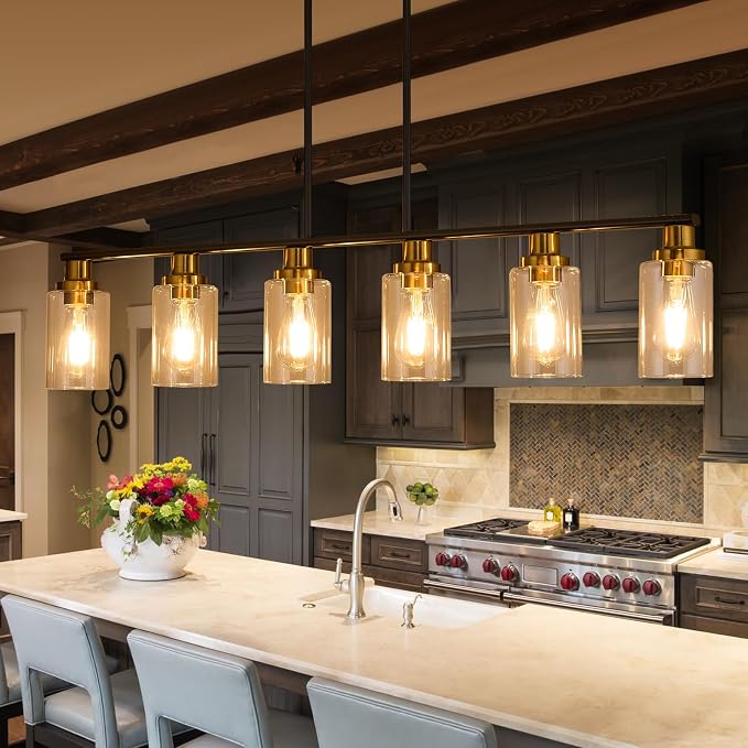 Island Light for Kitchen, 6-Light Farmhouse Dining Room Light Fixture with Clear Glass Shade, 44.3'' Matte Black and Gold Linear Chandelier Pendant Lighting for Dining Table Kitchen Living Room - Image 5