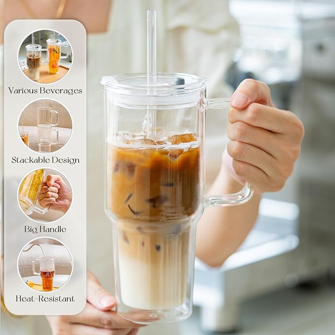 KEMORELA 2 Pack 28oz Double Wall Glass Tumblers with Handle, Lids & Straws – Large Insulated Clear Borosilicate Glass Cups for Iced Coffee, Smoothies, Bubble Tea & Cold Beverages